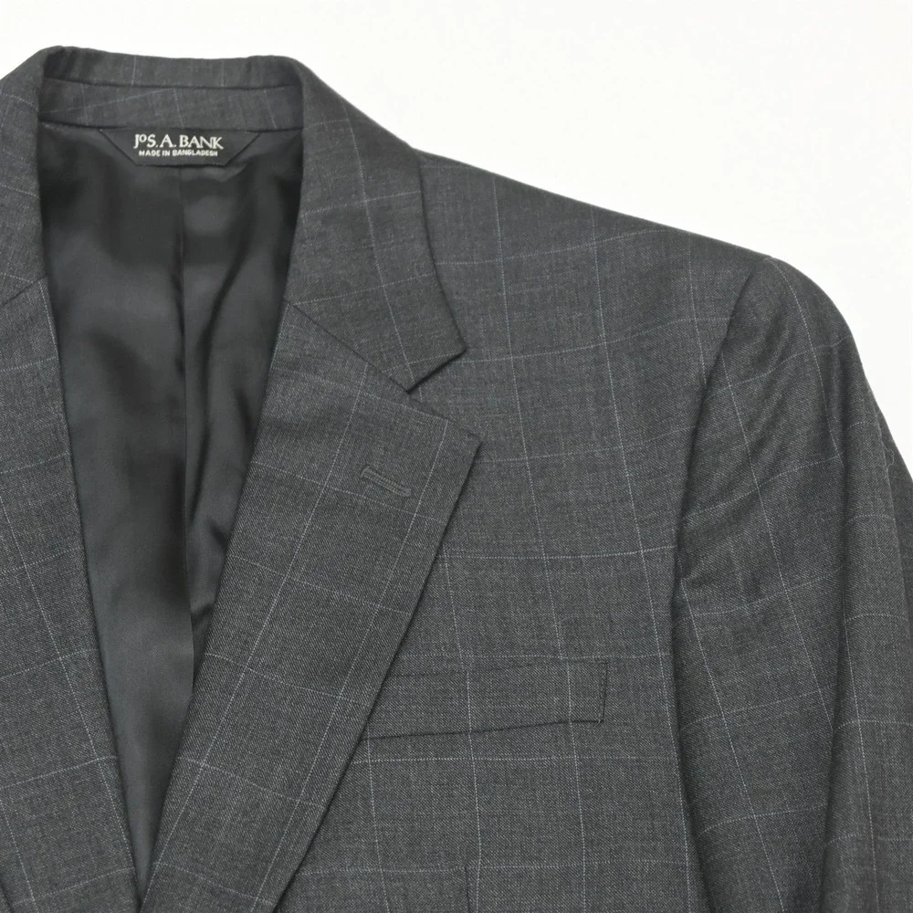 Jos A Bank 41L 34x32 Gray Windowpane 100% Wool Mens Jacket Pants Suit